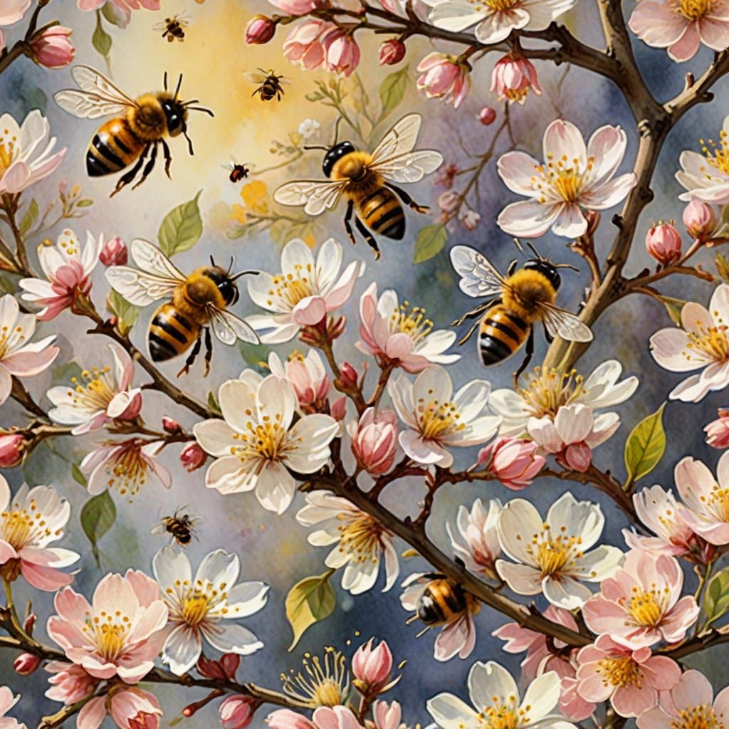 Whimsical Cherry Blossom Scene in Watercolor Style