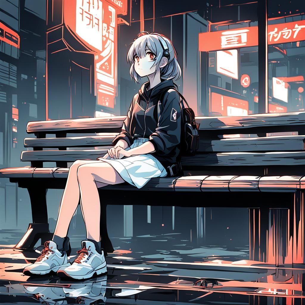 Desaturated Anime Girl on Bench in Flat Manga Style