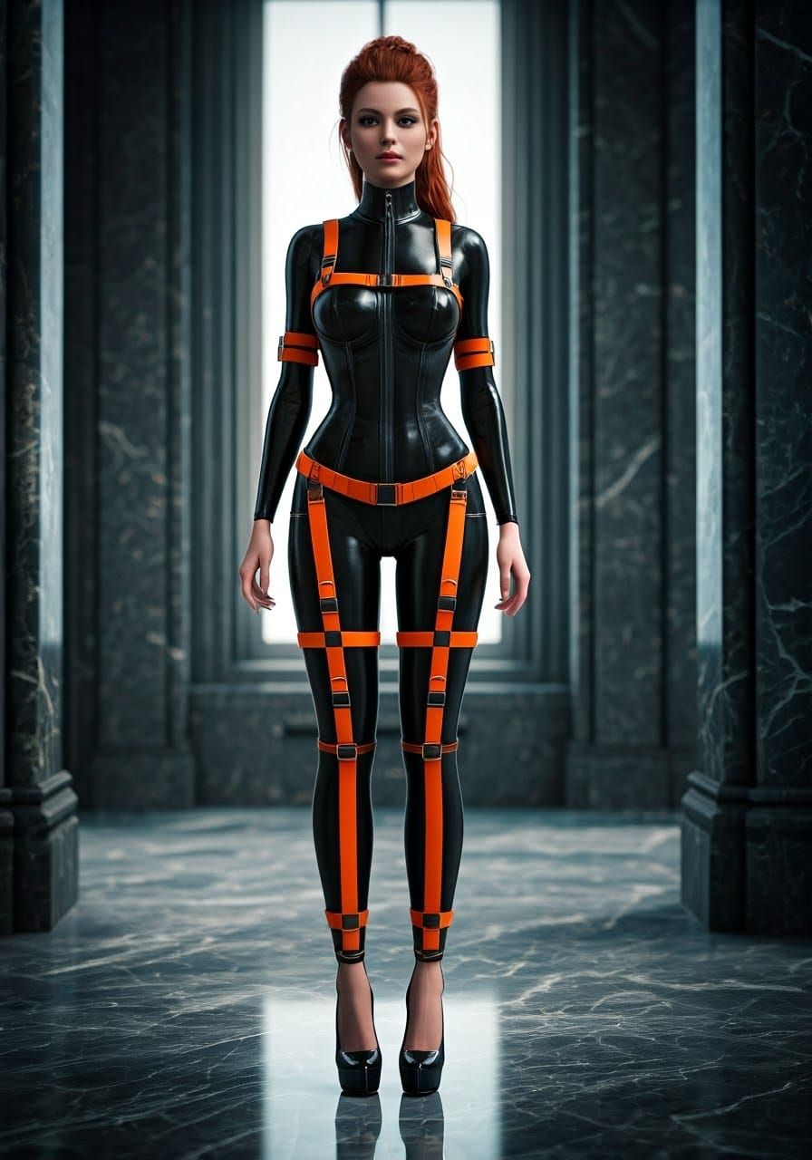 A woman clad in a form-fitting black latex bodysuit stands against a backdrop of sleek marble surfaces. The suit's high-...