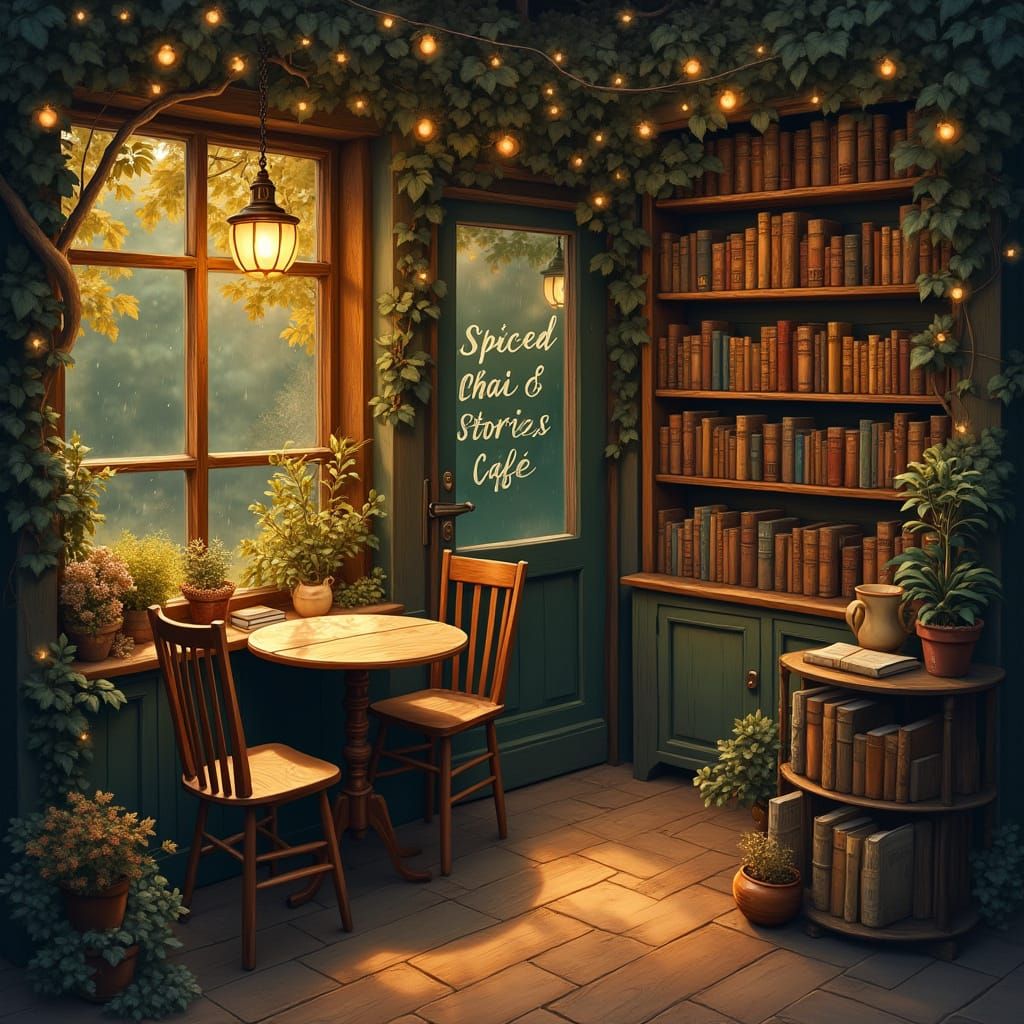Cozy Book Café at Dusk in Kinkade Style