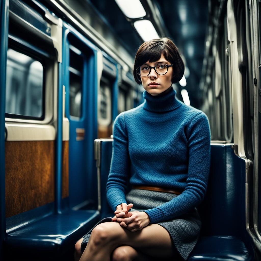 Brunette in Blue: Hyperrealistic Train Scene