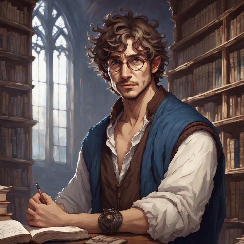 Handsome Nerdy Man in Library, Detailed Portrait