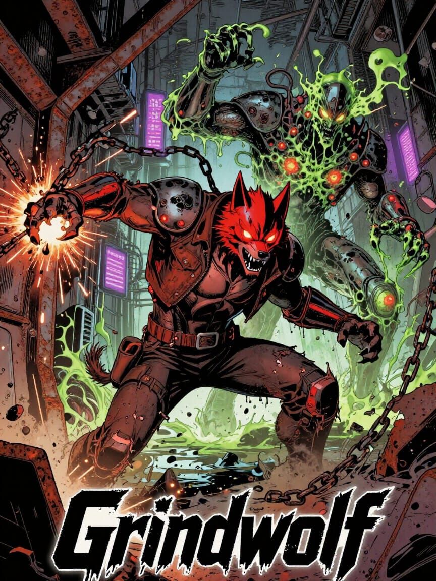 Cyberpunk Comic Cover: Grindwolf vs Blight in Flooded Factor...