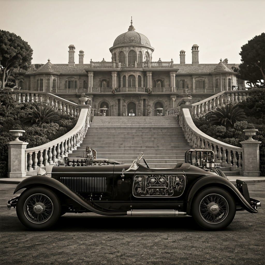 B&W antique photo of Hidden technology stream lined steam powered luxury car pictured in from of a Beach front tartarian...