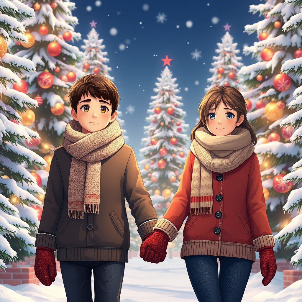 Teenage Couple in Winter Wonderland: Anime Style