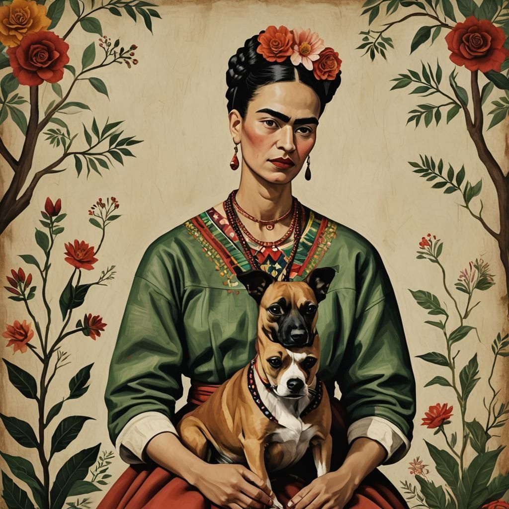 Woman and Dog in Surrealist Folk Art Style