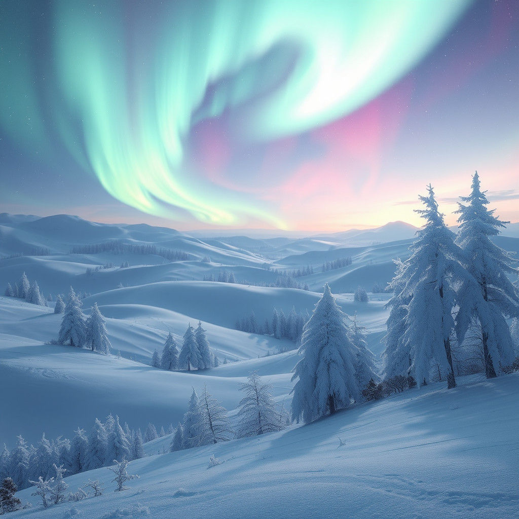 Ethereal Aurora Borealis Over Snowy Winter Landscape