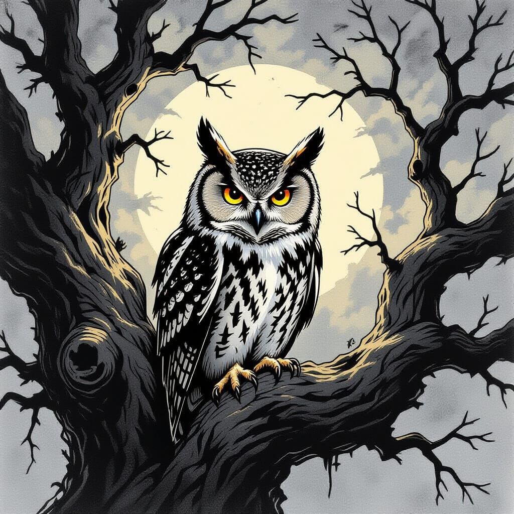 Owl Portrait in Gnarled Tree, Brutalist Ink Style