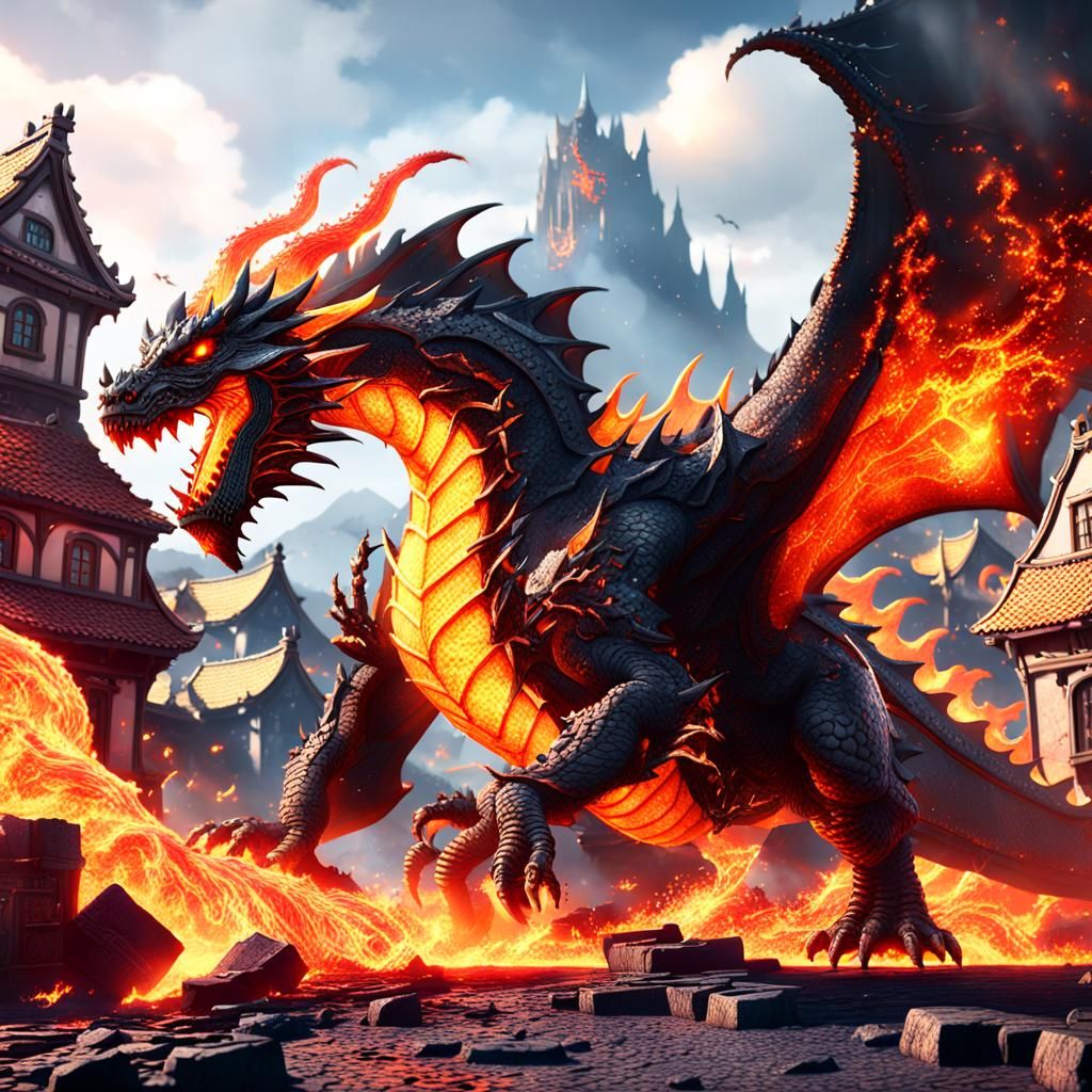 Lava Dragon's Fiery Rampage in a Matte Painting