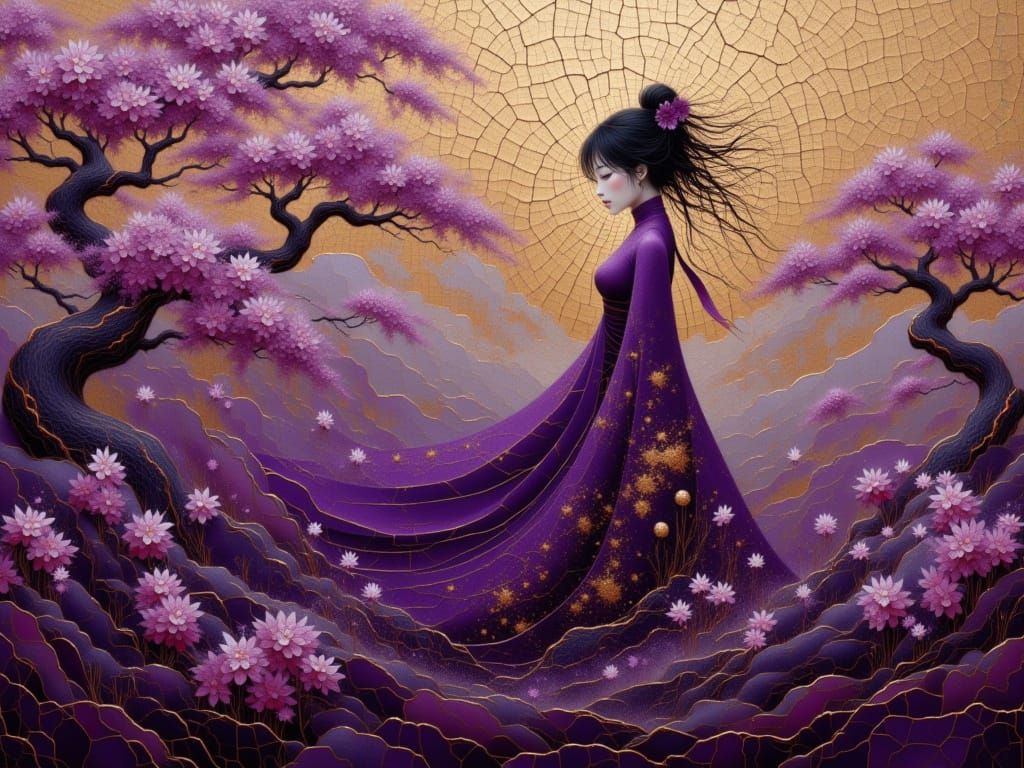 Elegant Purple Cat in Vietnamese Lacquer Art