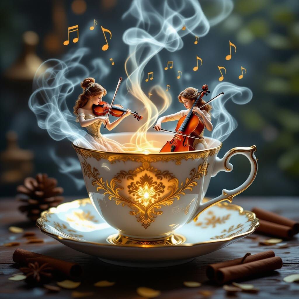 An image featuring a central ornate, glowing teacup with int...