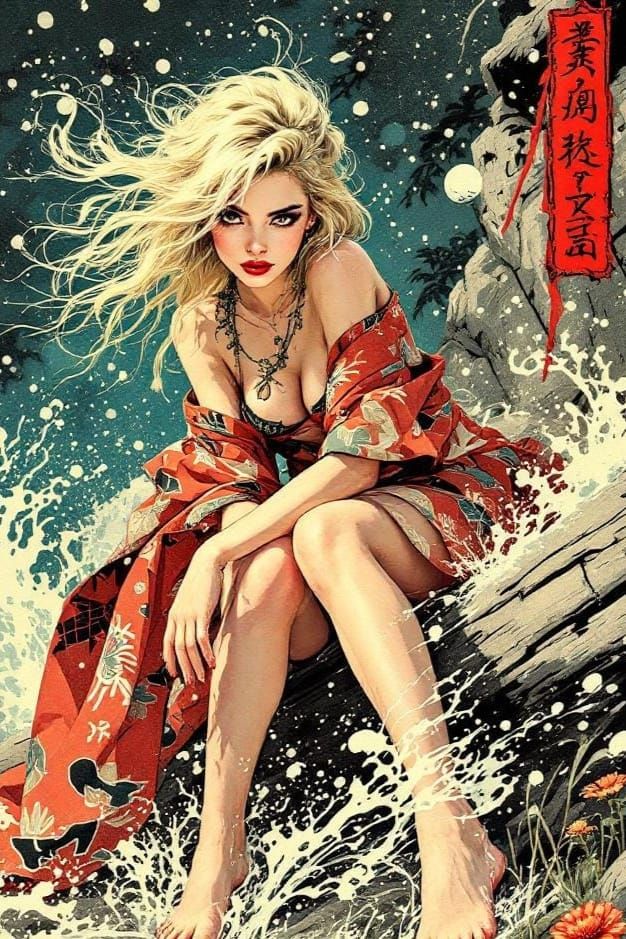 Pin-Up Girl in Ukiyo-e Meets Surreal Ink Art