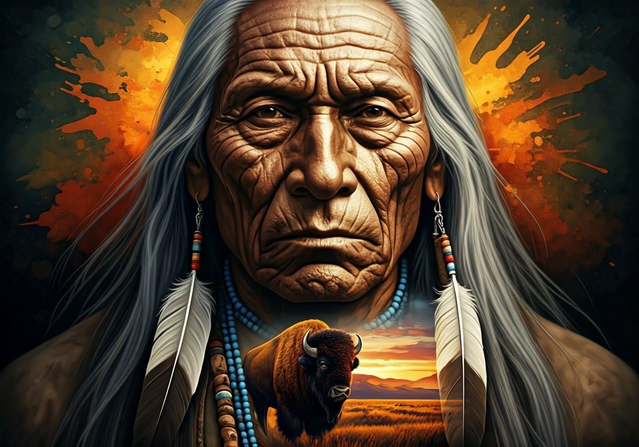 Native American Elder with Buffalo Sunset Portrait