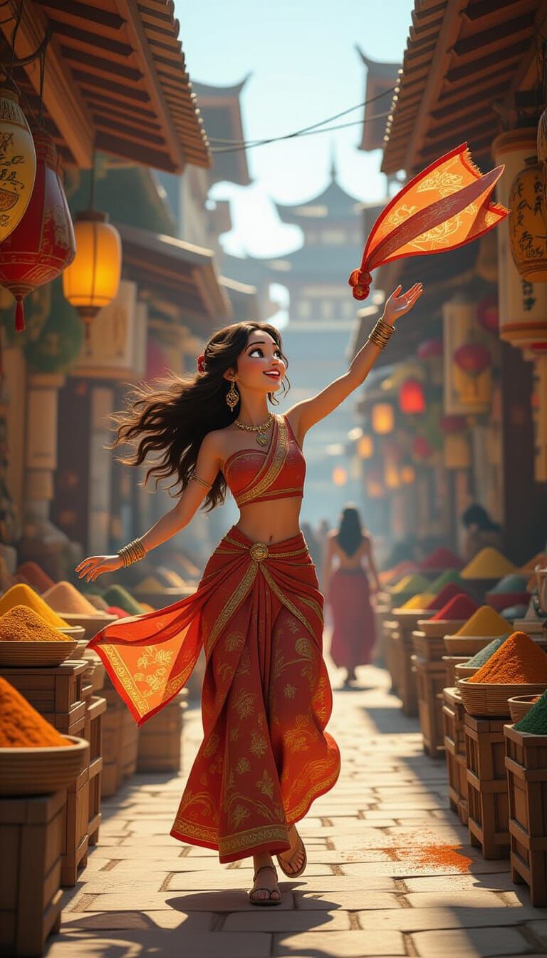 Woman in Bustling Market, Pixar-Style 3D Animation