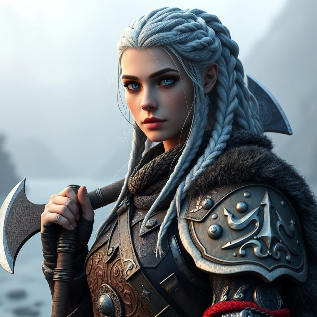 Regal Female Viking Warrior in Nordic Fjord Landscape