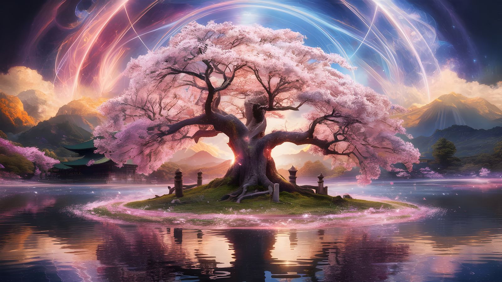 Ancient Sakura Tree in Cosmic Holographic Art