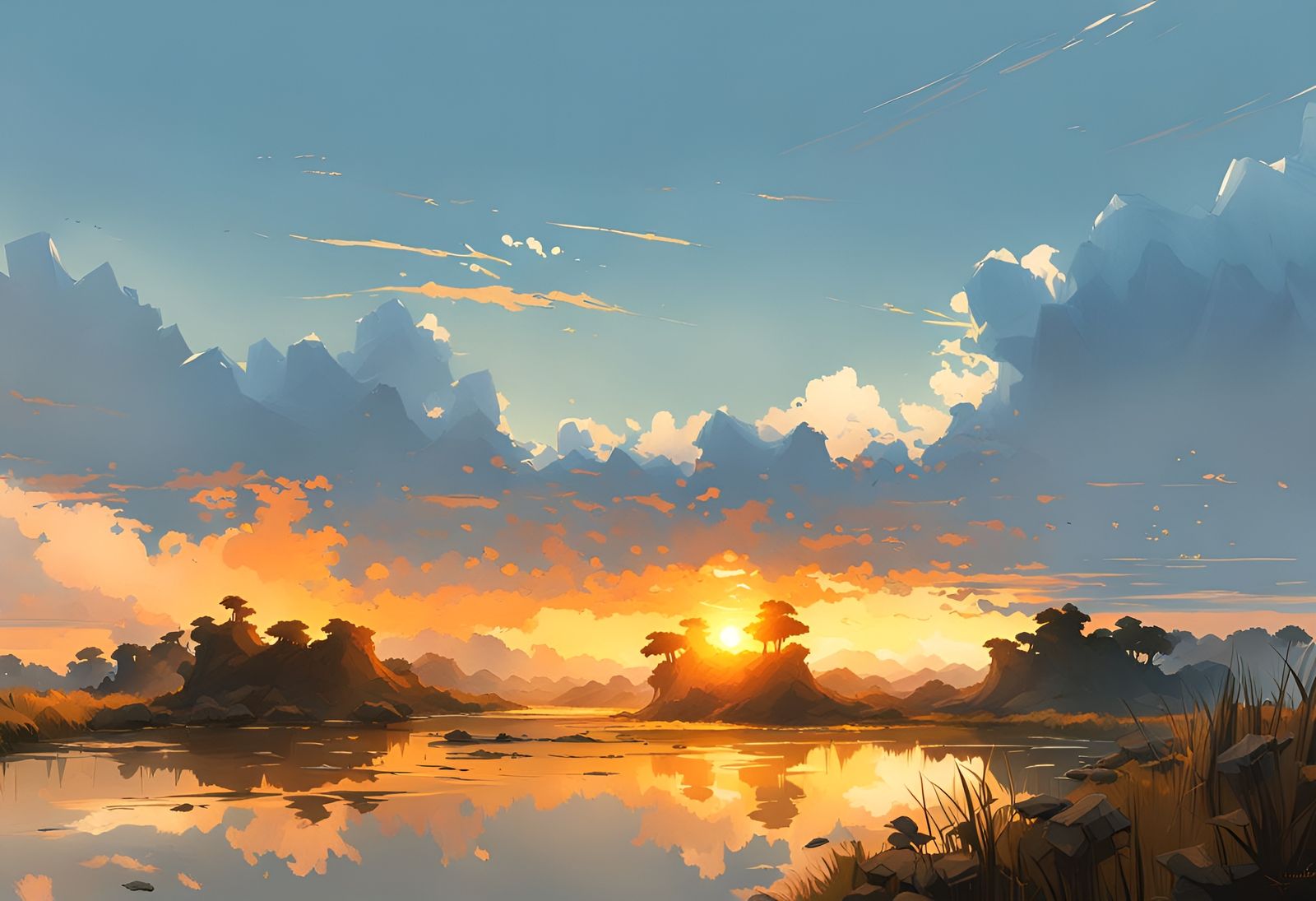 Golden Sunrise Over Pond: Detailed Digital Art