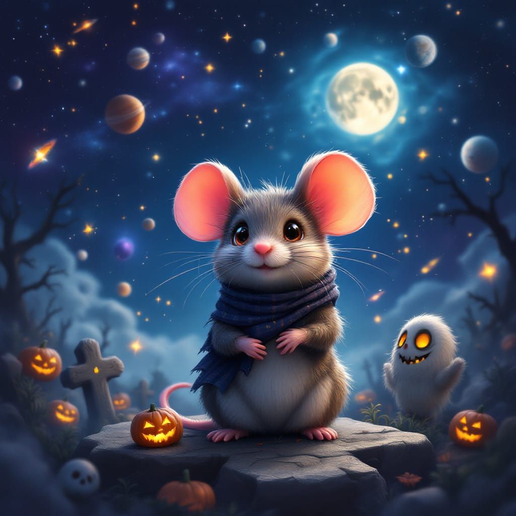 Hyperrealistic Chibi Mouse in Halloween Graveyard