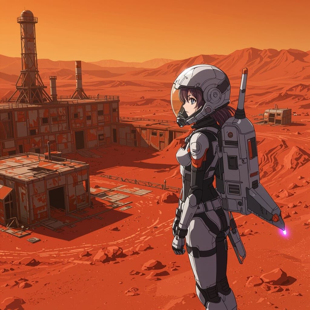 Sci-Fi Anime Girl in Jetpack Approaches Mars Mine