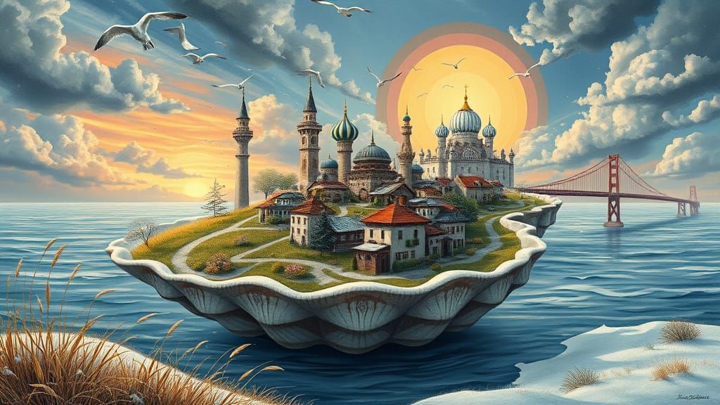 Surreal Village Oasis on a Winter Ocean