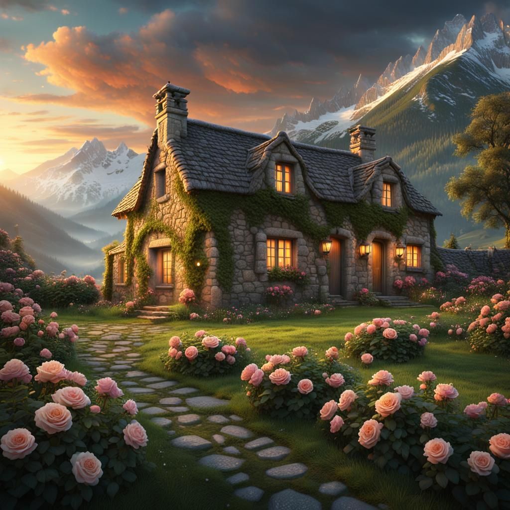 Idyllic Stone Cottage Amidst Snowy Mountains in Warm Light