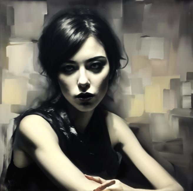 Dark Monochrome Portrait Oil Painting of a Beautiful Woman