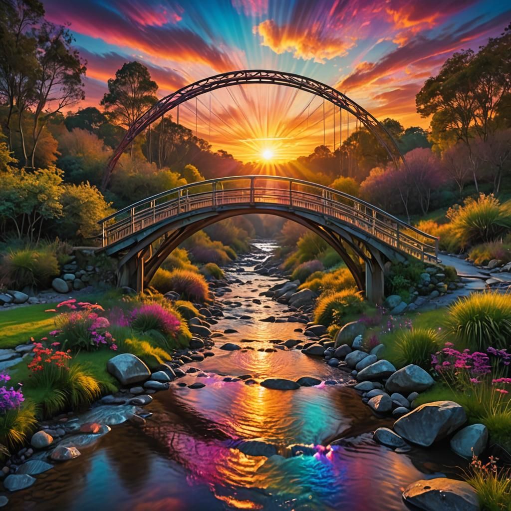 Psychedelic Metal Bridge Over Multicolored Stream at Sunset
