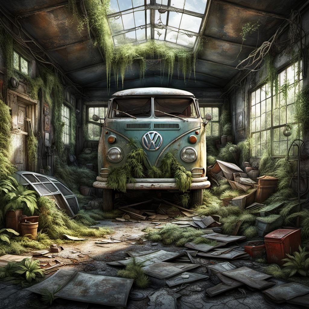 From Busy to Abandoned ( old VW Bus in an old car repair shop)