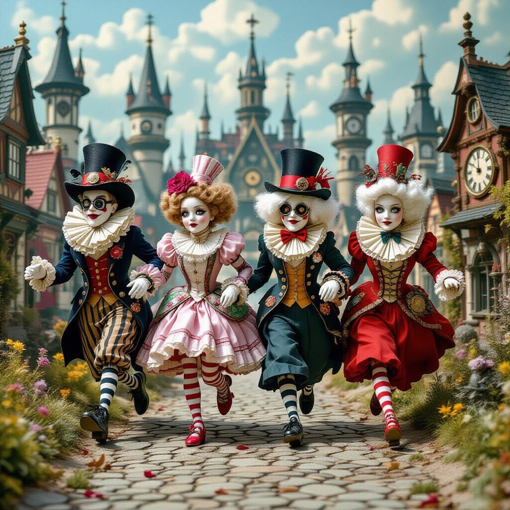 Whimsical Characters Race Through Surreal Landscape