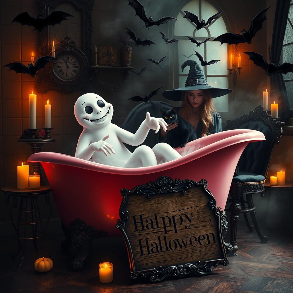 Ethereal Ghost and Witch in Gothic Halloween Scene
