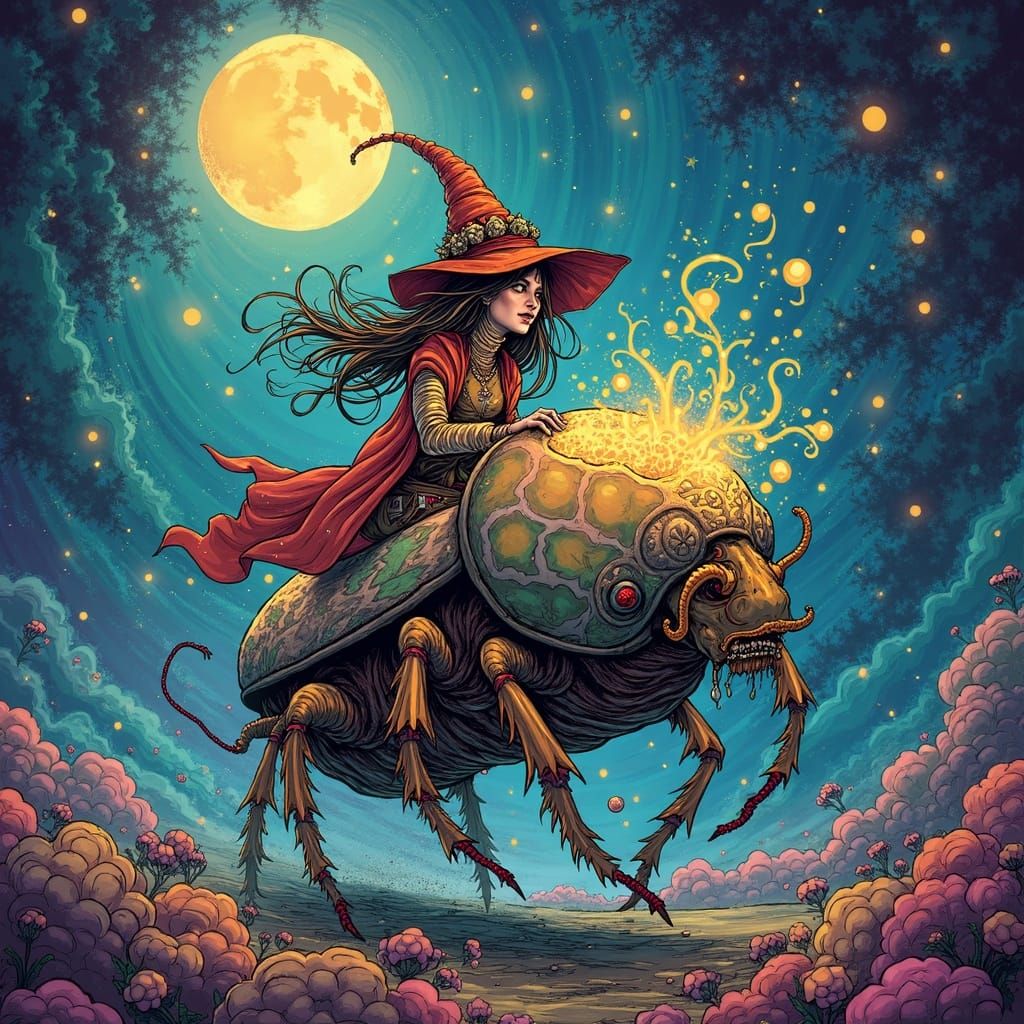 Witch Rides Iridescent Beetle Through Stardust Vortex