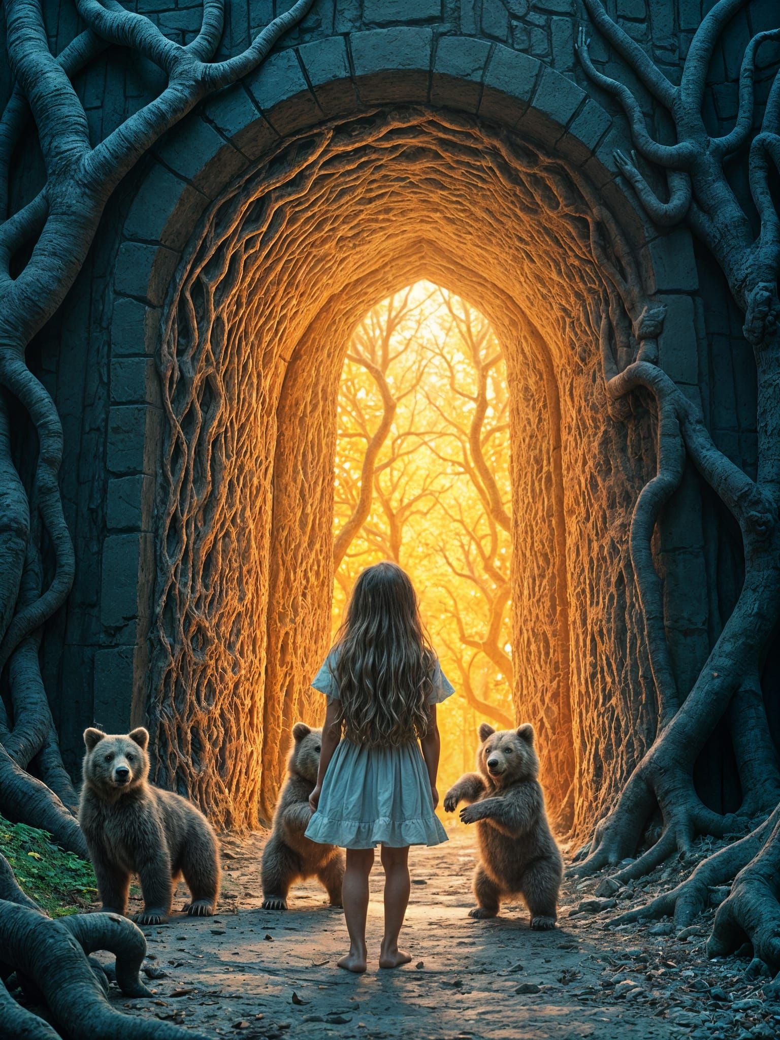 Surreal Womb: Girl, Maze, and Dancing Bear Cubs