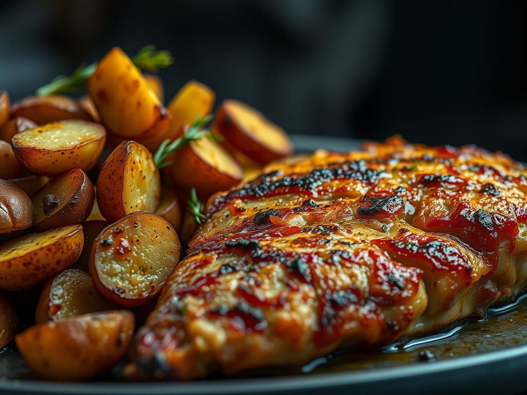 Hyperrealistic Roasted Meats and Potatoes in Cinematic Style