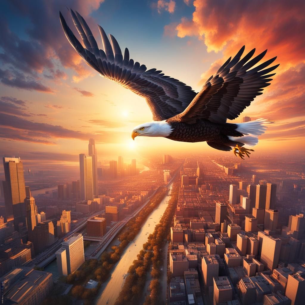 Eagle Wings Soaring Over Cityscape Sunset