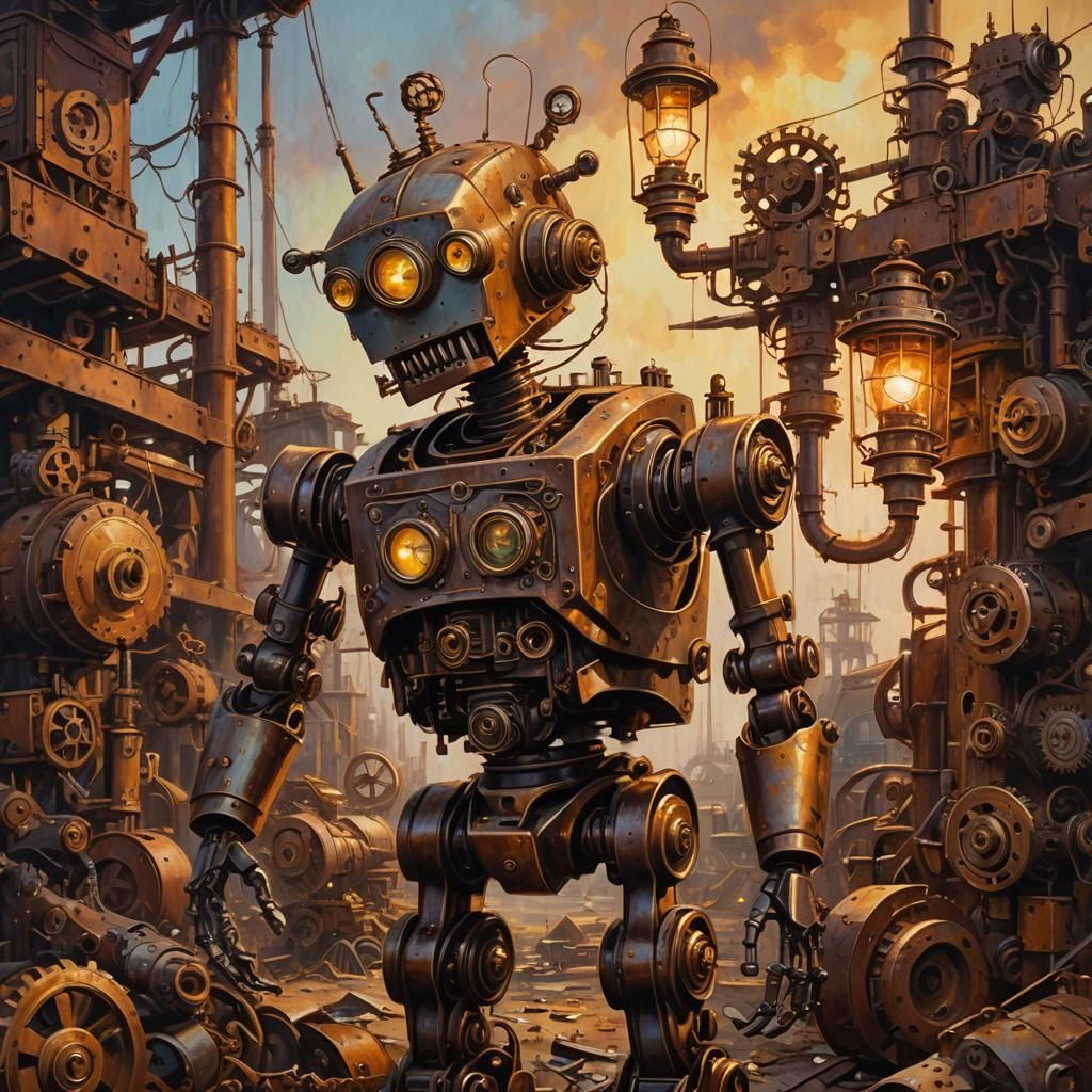 Whimsical Steampunk Robot in Junkyard Oil Painting