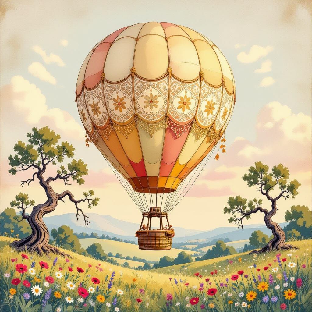 Vintage Hot Air Balloon Over Wildflower Meadow
