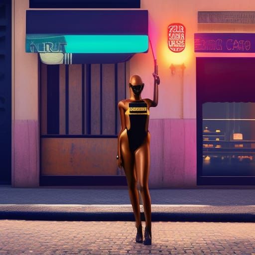 Cyberpunk Girl in Paris Cafe, Neon Style