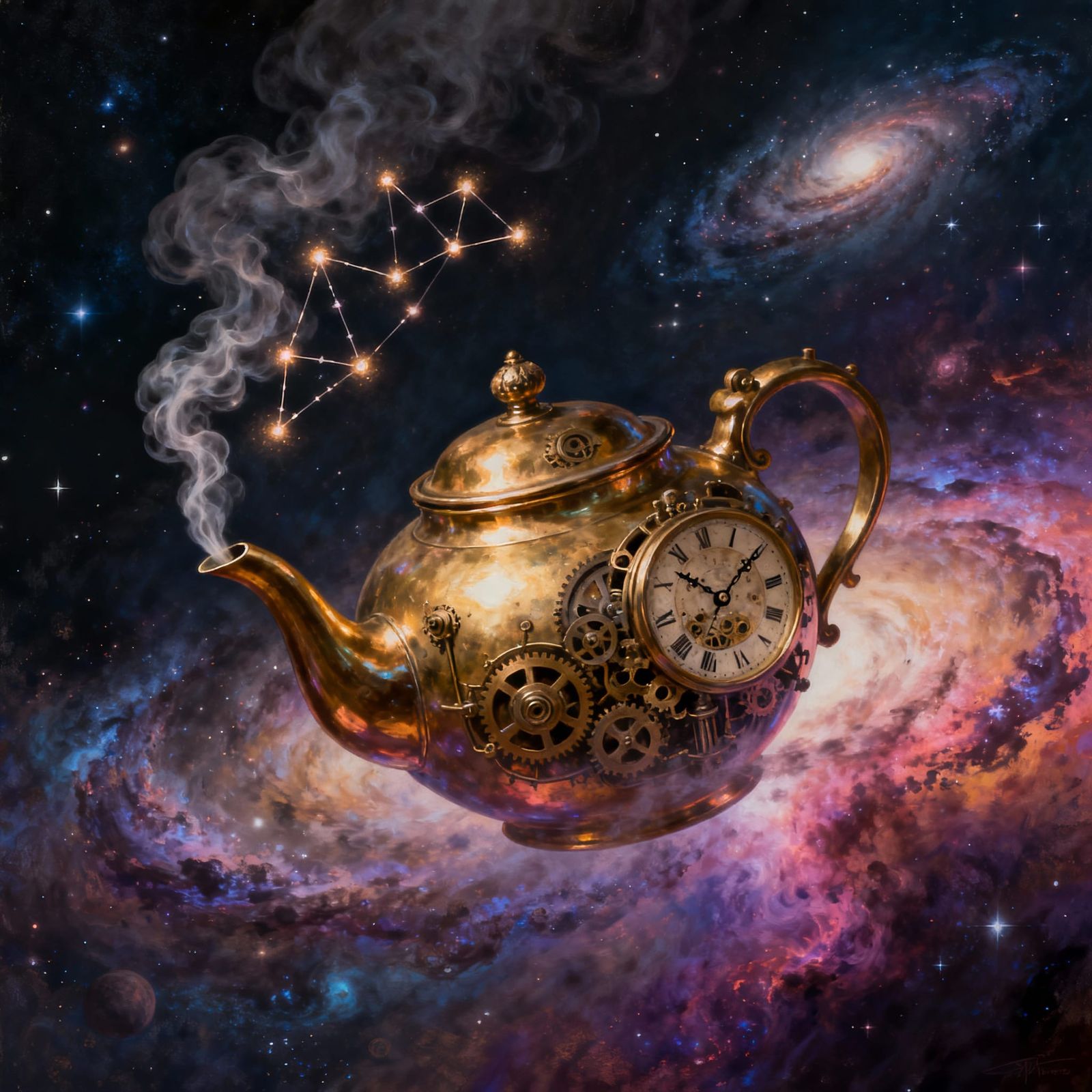 Cosmic Clockwork Teapot in Nebula