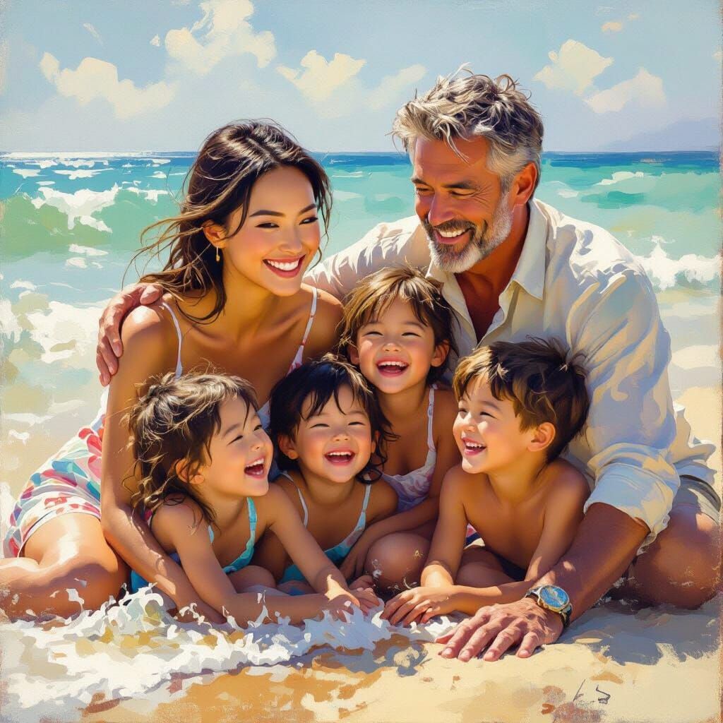 Joyful Family Day at Sun-Drenched Beach in Impressionistic S...