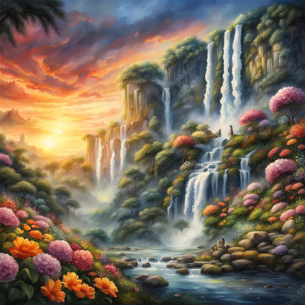 Watercolor Waterfall Landscape with Animals and Sunset