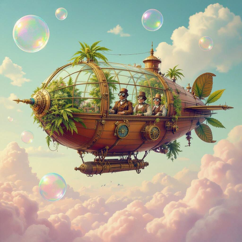 Steampunk Cannabis Airship in Cotton Candy Sky