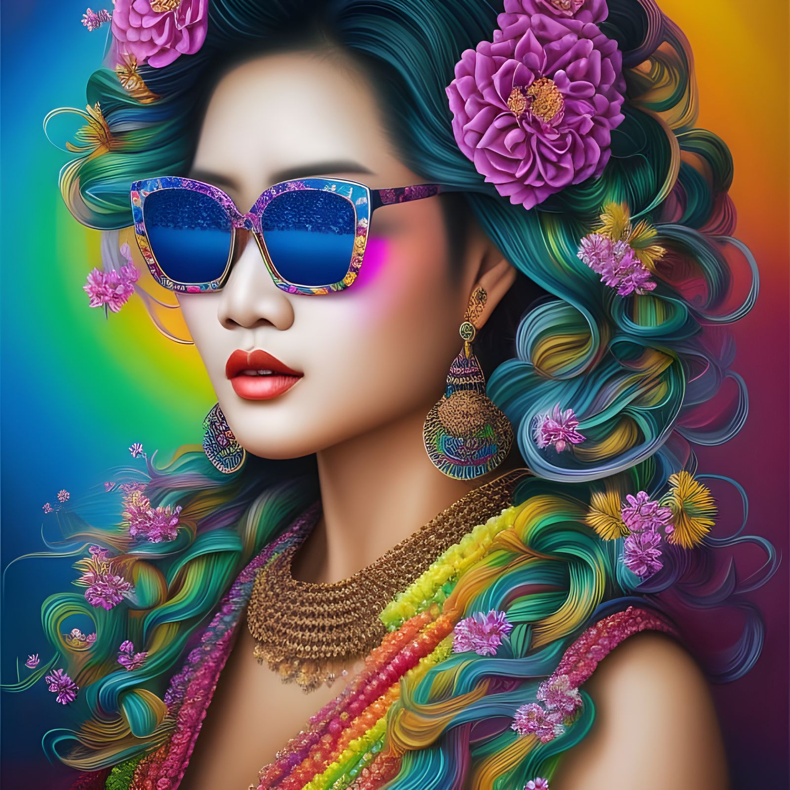 Radiant Asian Woman Portrait with Rainbow Hair