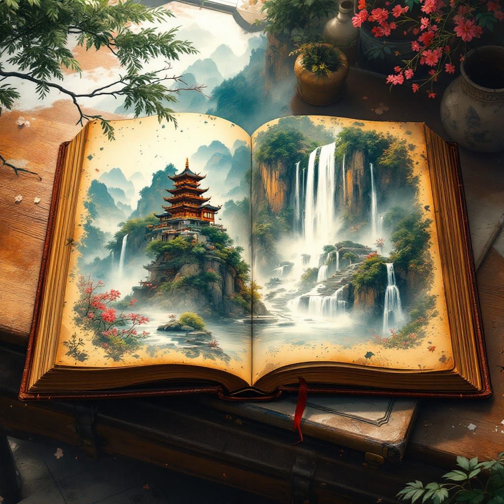 Chinese Temple Scene Emerging from Book