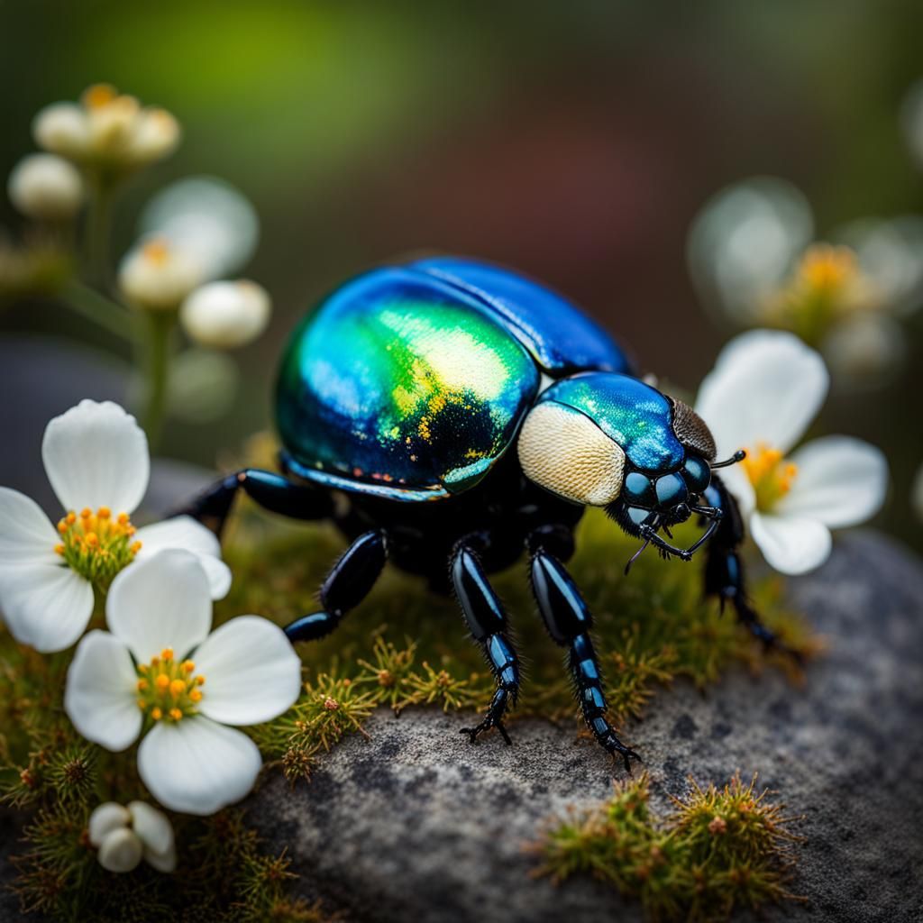 Iridescent Dung Beetle Portrait with Cotoneasters