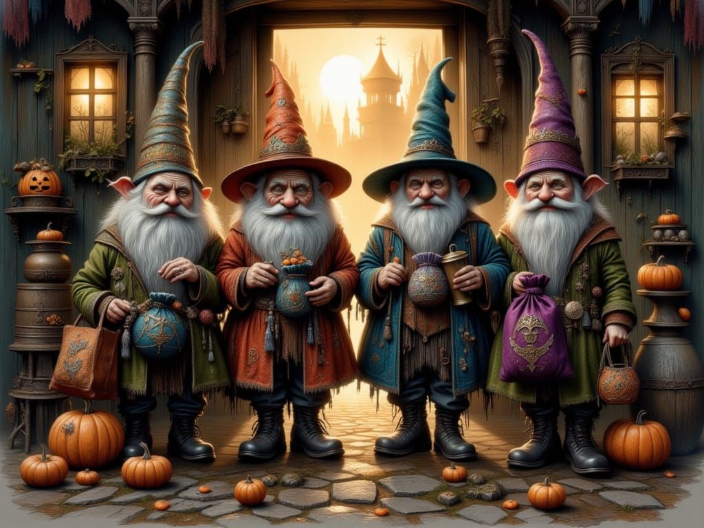 Gnomes at Tavern Door: Dark Fantasy Halloween Art