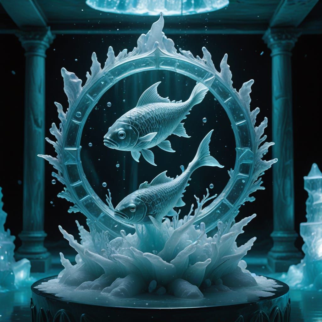 Ethereal Ice Hotel Scene: Shimmering Pisces Symbol in Underw...