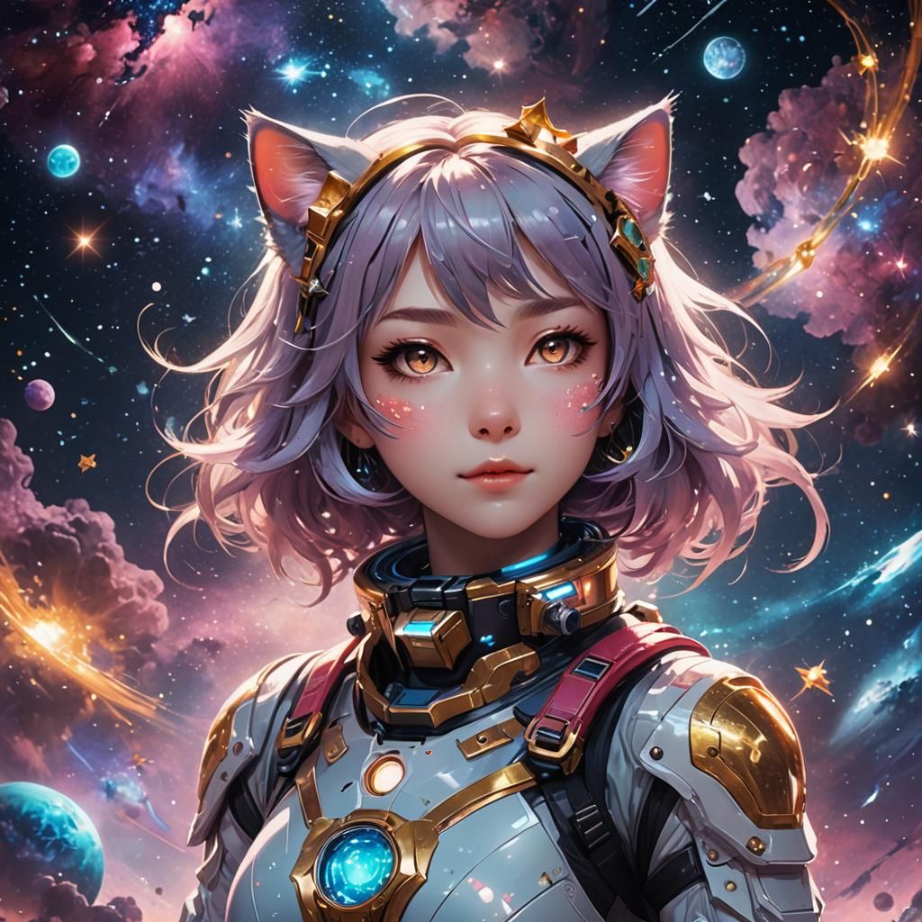 Cosmic Cat-Girl Spacewalk: Anime-Inspired Digital Art
