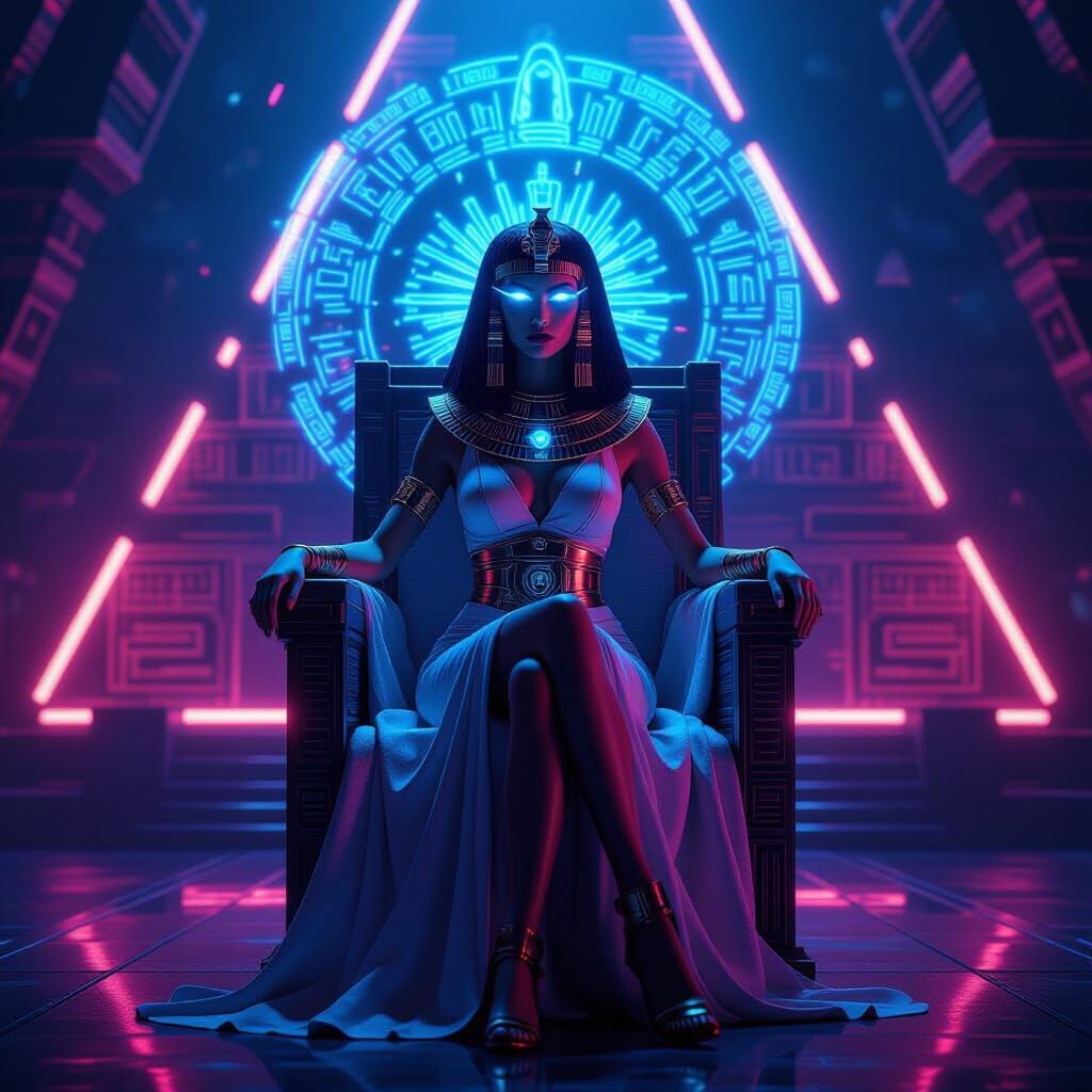 Cyberpunk Cleopatra on Levitating Throne in Neon Pyramid