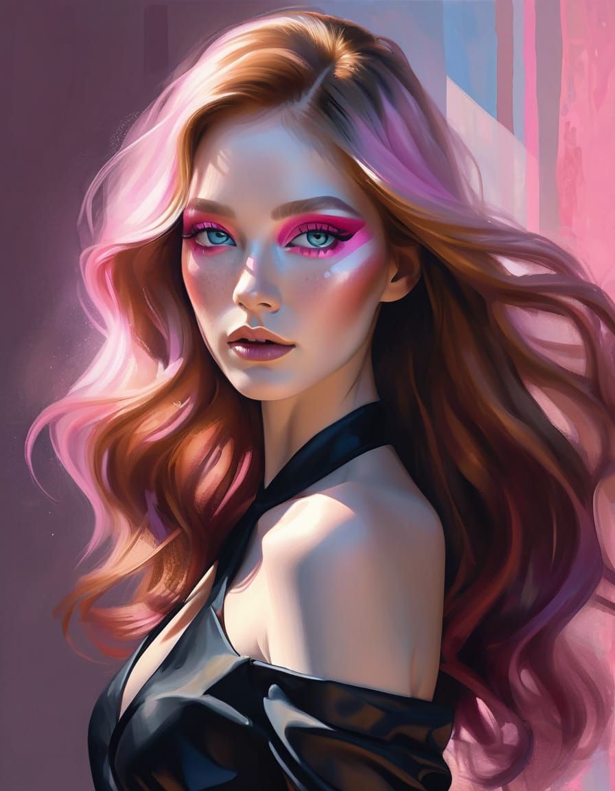 Elegant Woman with Pink Hair: Vivid Digital Art