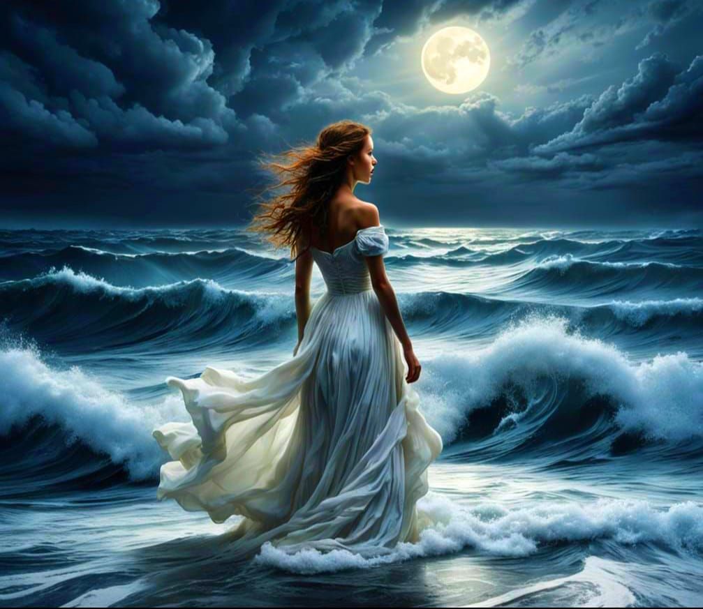 Surreal Melancholy in the Midnight Ocean, in Hyperrealistic...